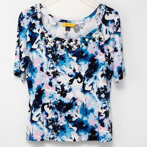 St. John Yellow Label Top Watercolor Beaded Short Sleeve Blue Pink White Large